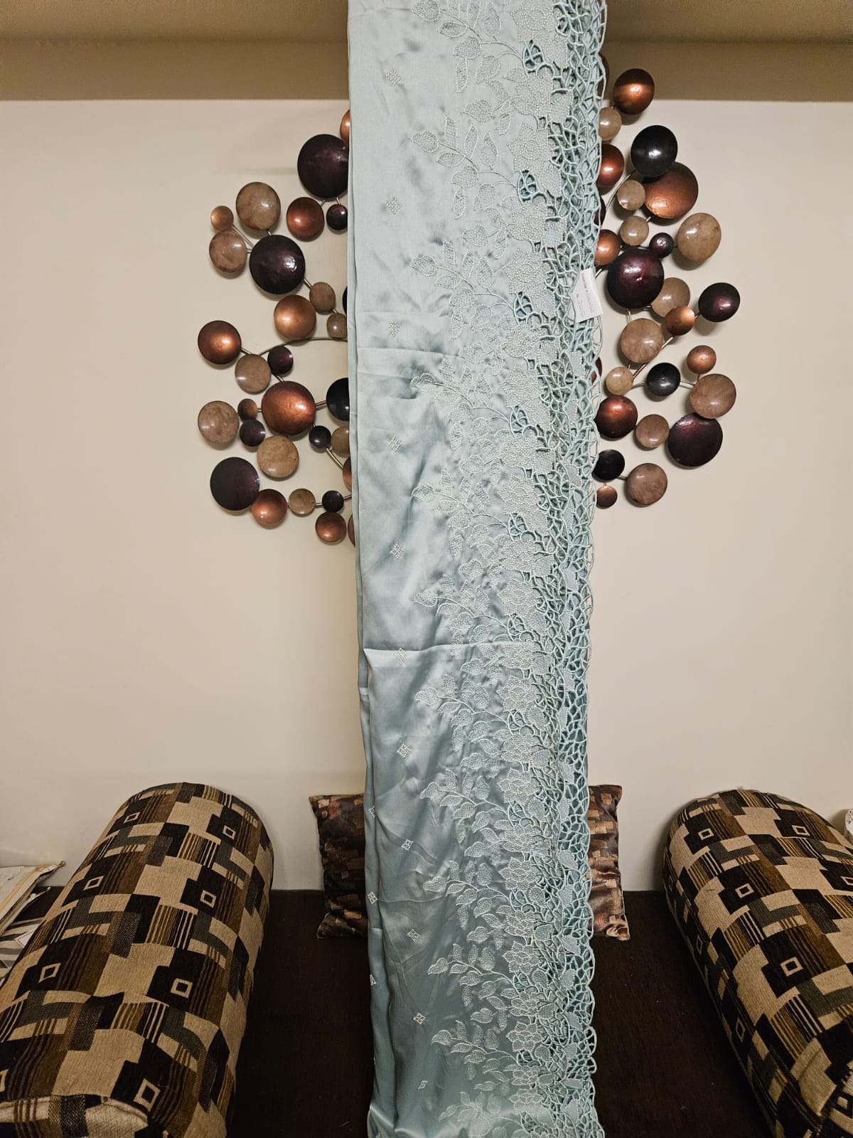 Pastel Green Single Tone Cutwork Embroidery Sari in Premium Super Soft Imported Satin Fabri With designerwear blouse