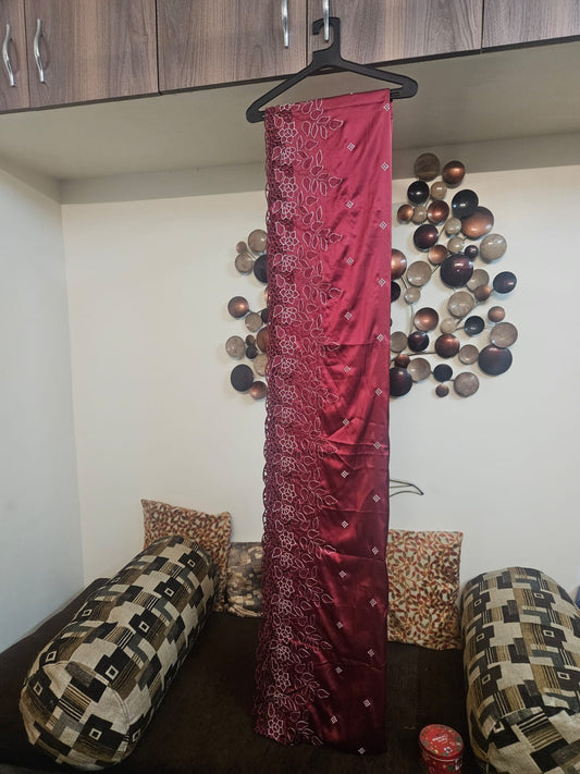 Maroon Single Tone Cutwork Embroidery Sari in Premium Super Soft Imported Satin Fabric  With running blouse