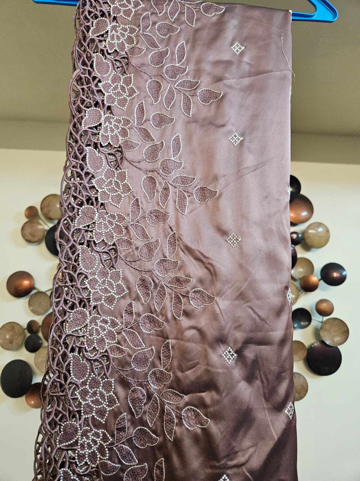 Chocolate Brown Single Tone Cutwork Embroidery Sari in Premium Super Soft Imported Satin Fabric with Blouse