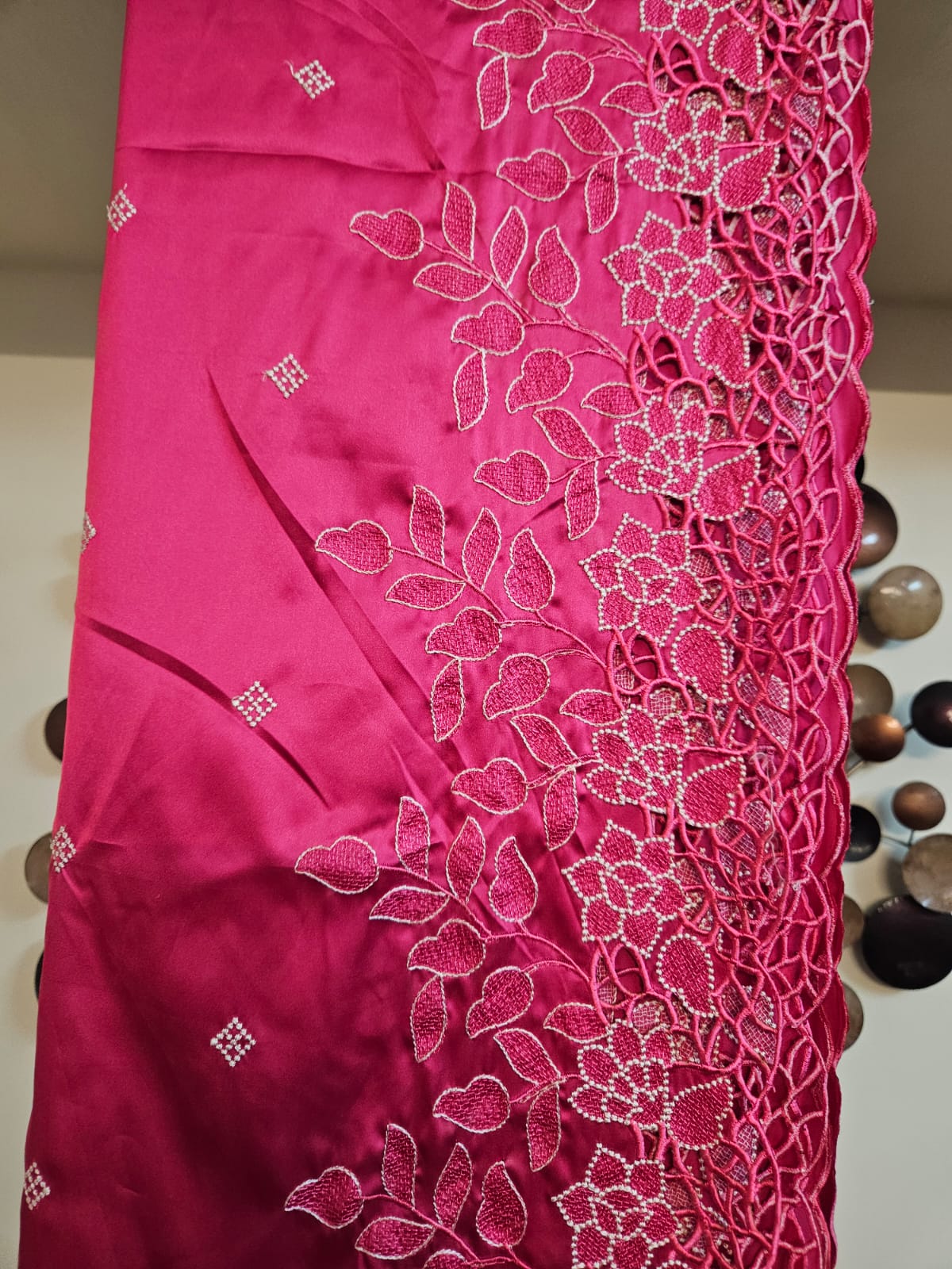 Rani Pink Single Tone Cutwork Embroidery Sari in Premium Super Soft Imported Satin Fabric with blouse