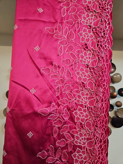Rani Pink Single Tone Cutwork Embroidery Sari in Premium Super Soft Imported Satin Fabric with blouse
