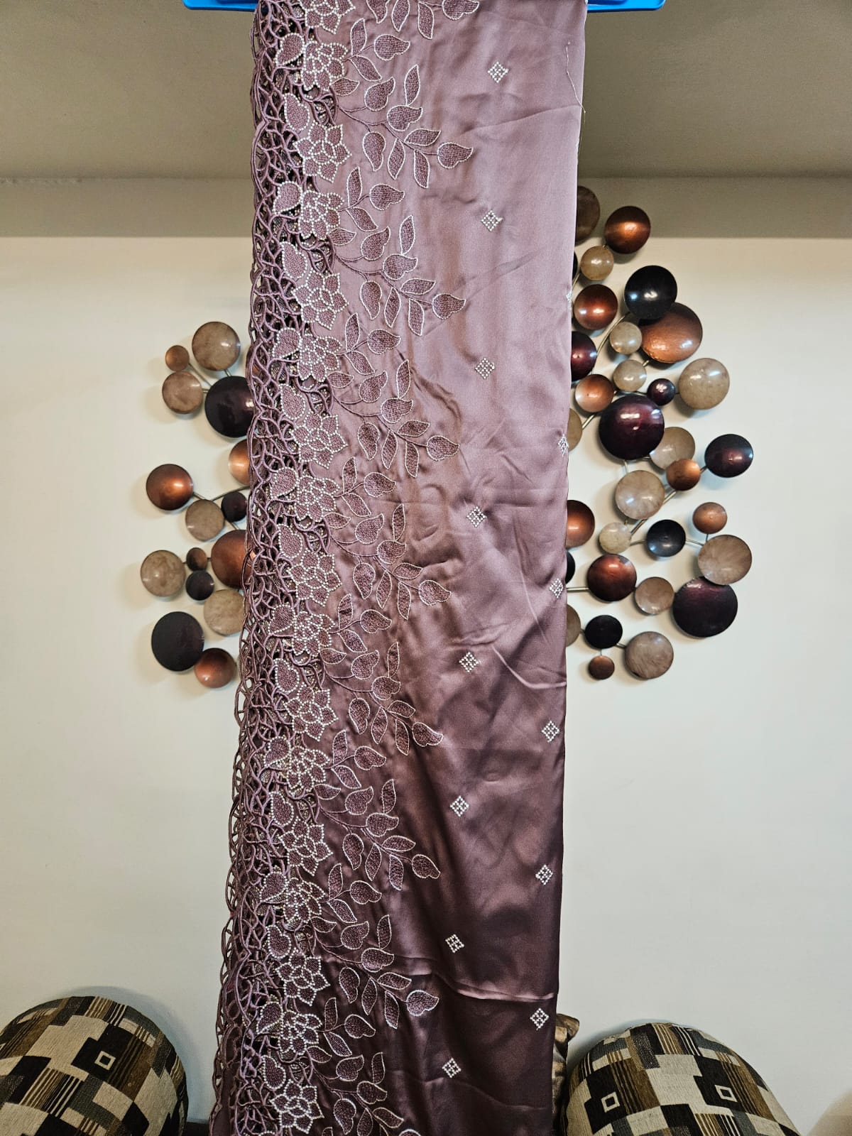 Chocolate Brown Single Tone Cutwork Embroidery Sari in Premium Super Soft Imported Satin Fabric with Blouse