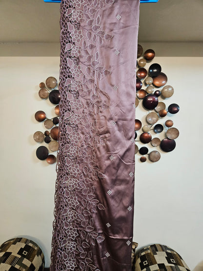 Chocolate Brown Single Tone Cutwork Embroidery Sari in Premium Super Soft Imported Satin Fabric with Blouse