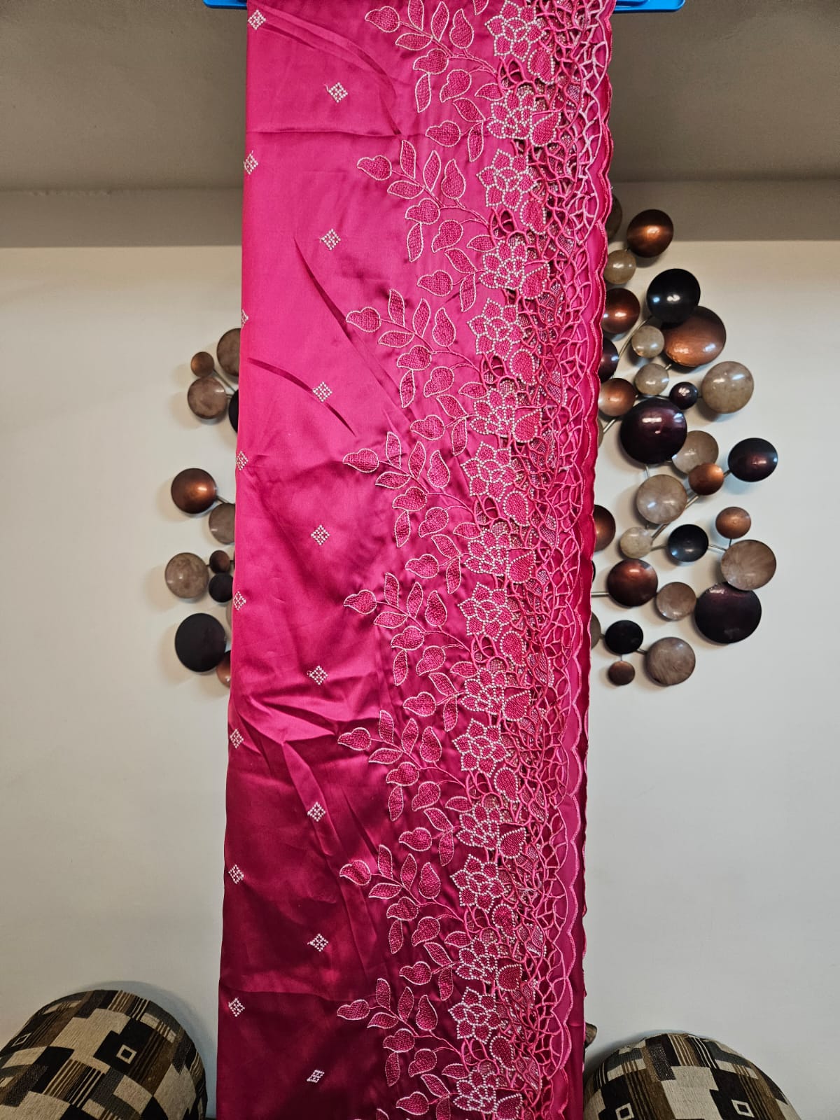 Rani Pink Single Tone Cutwork Embroidery Sari in Premium Super Soft Imported Satin Fabric with blouse