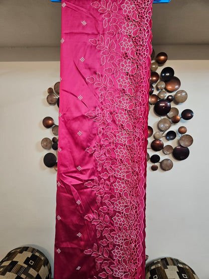Rani Pink Single Tone Cutwork Embroidery Sari in Premium Super Soft Imported Satin Fabric with blouse