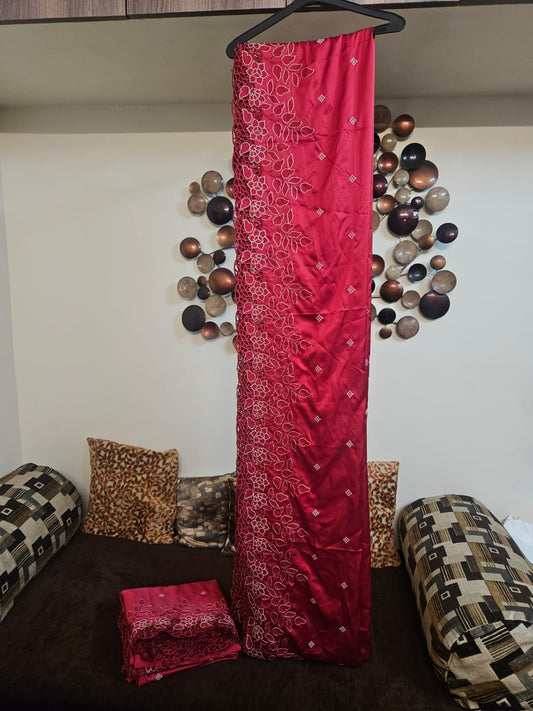 Red Single Tone Cutwork Embroidery Sari in Premium Super Soft Imported Satin Fabric With running blouse
