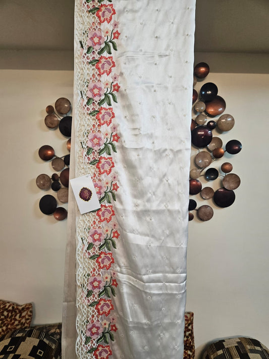 White Multi Colour Thread Cutwork Embroidery Sari in Premium Super Soft Imported Satin Fabric  With running blouse