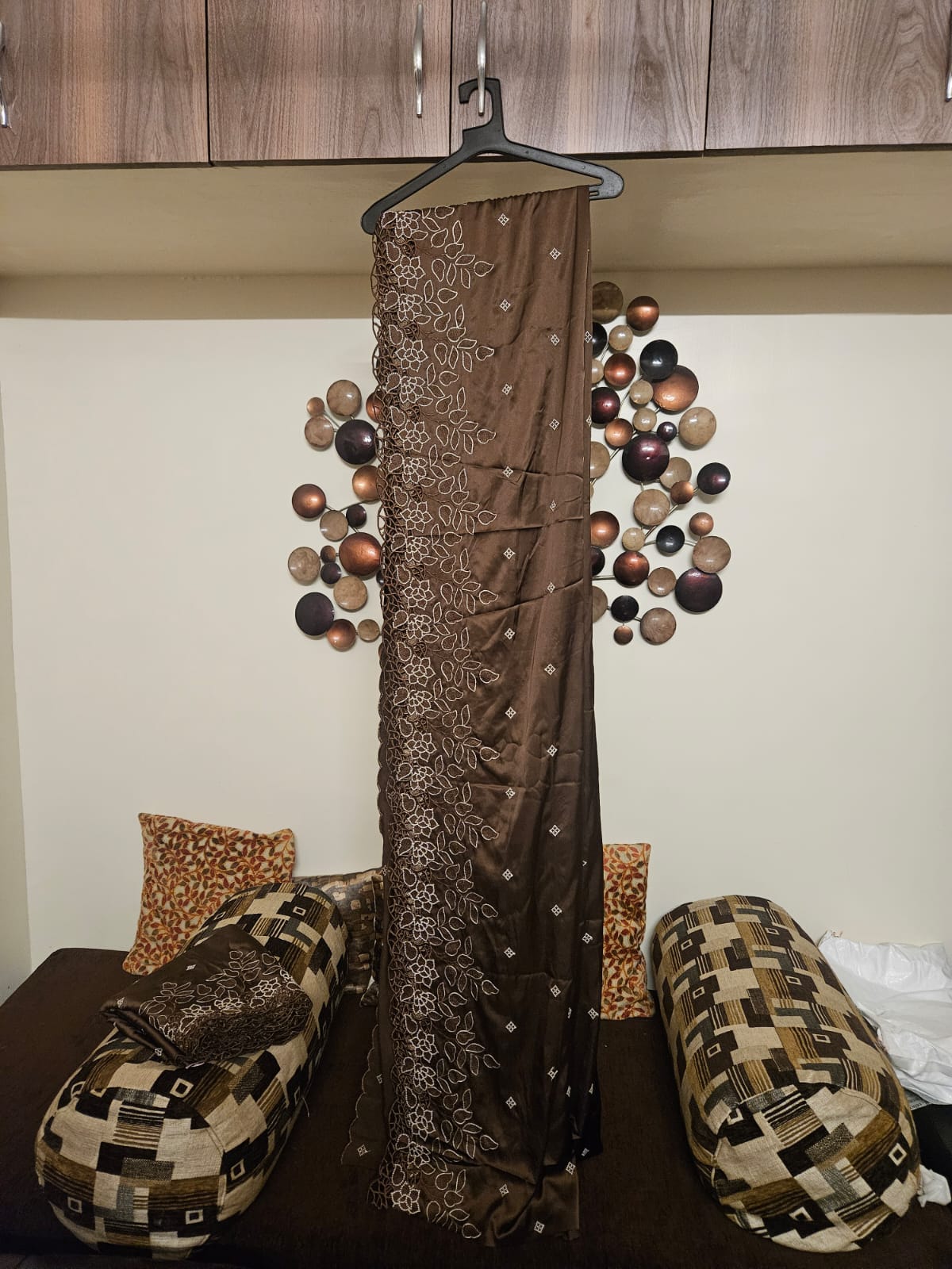 Brown Single Tone Cutwork Embroidery Sari in Premium Super Soft Imported Satin Fabric  With running blouse