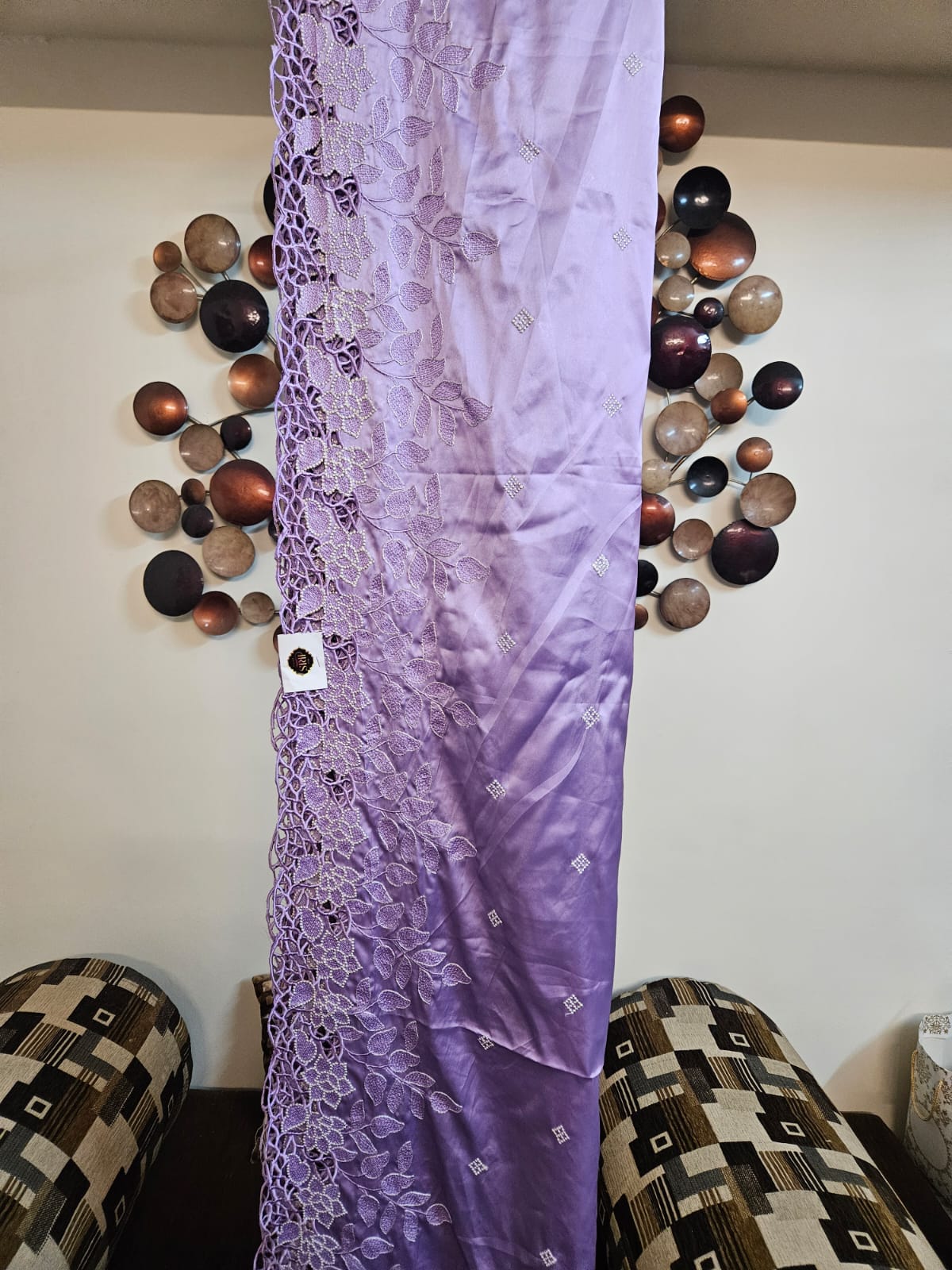 Lavender Single Tone Cutwork Embroidery Sari in Premium Super Soft Imported Satin Fabric  With designerwear blouse