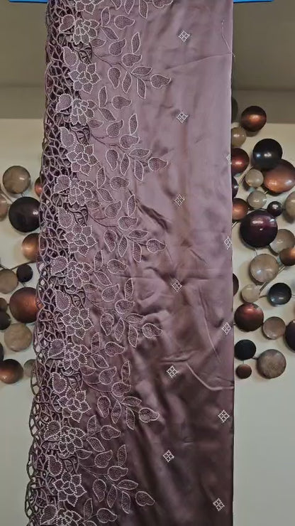 Chocolate Brown Single Tone Cutwork Embroidery Sari in Premium Super Soft Imported Satin Fabric with Blouse