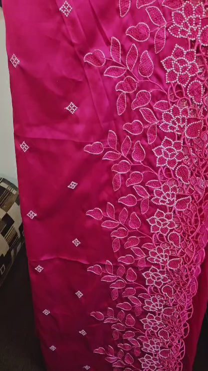 Rani Pink Single Tone Cutwork Embroidery Sari in Premium Super Soft Imported Satin Fabric with blouse